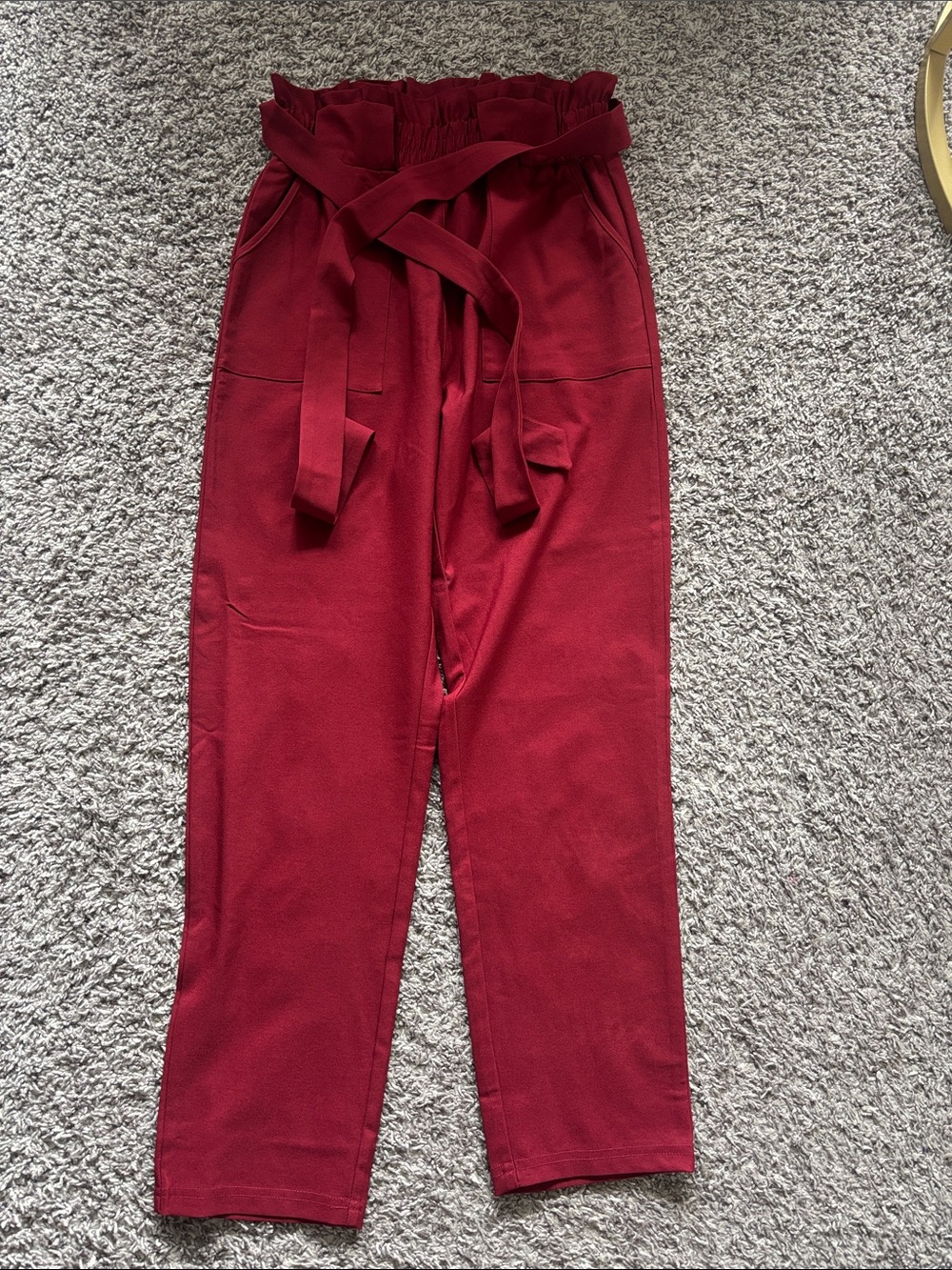 High-Waist Paperbag Waist Red Tapered Pants